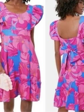 Tuckernuck Hot Pink & Bright Blue Floral Puff-Sleeve Dress